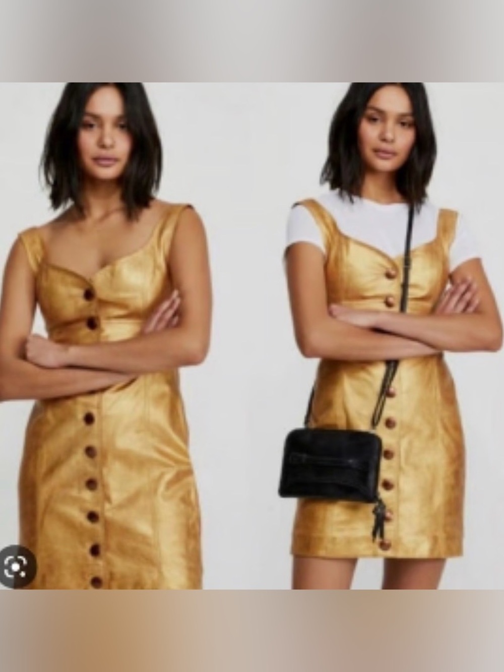 Free People Metallic Gold Button-Front Mini Dress